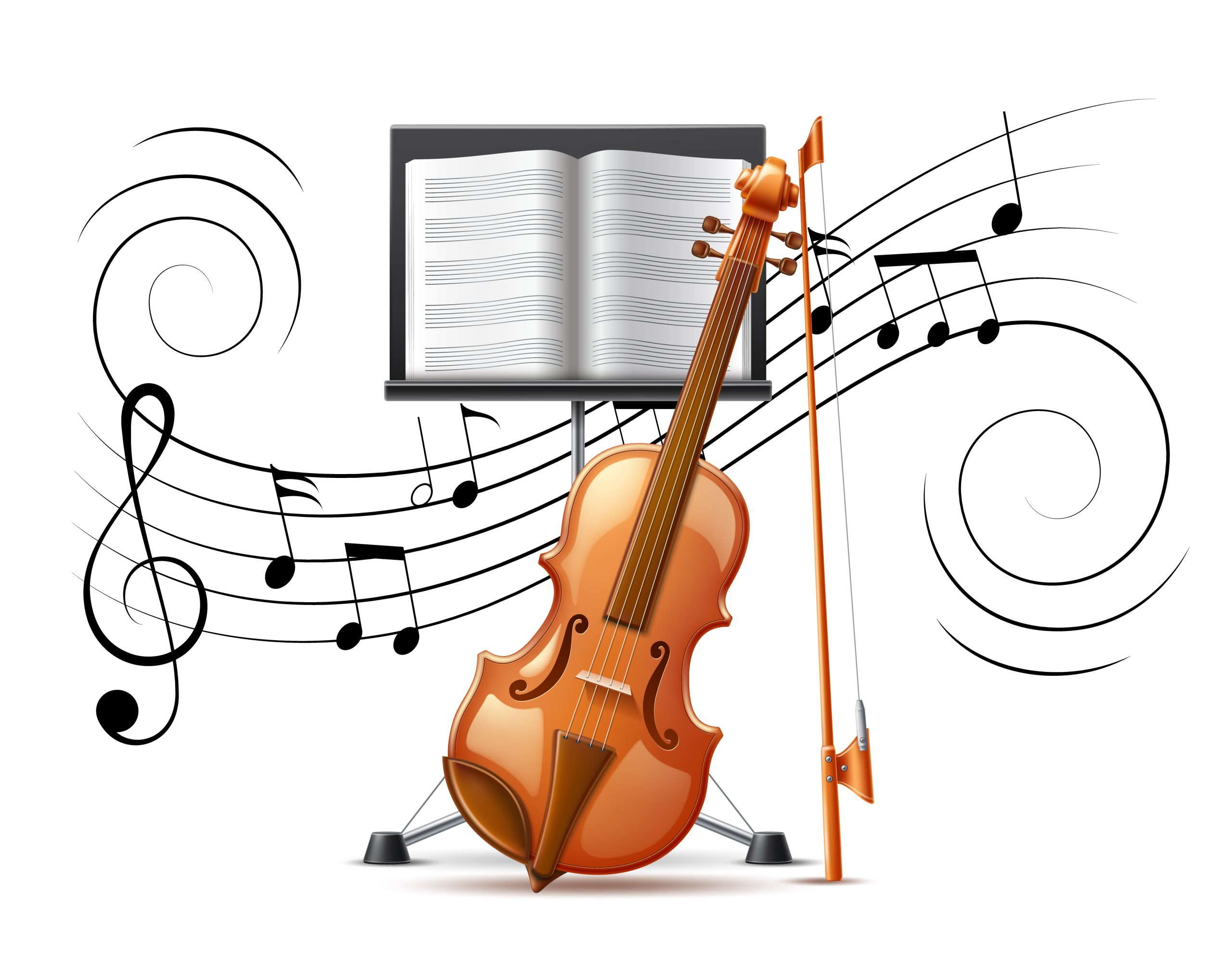 Realistic violin at background of music notation flow treble clef and music rack. Vector classical instrument, wooden string instrument. Note and melody motion for musician design.