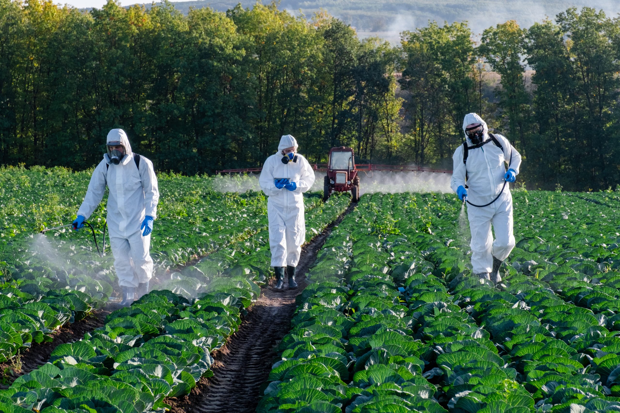 Farmer and Agronomist spraying pesticide on field with Harvest.